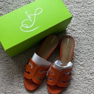 Sam Edelman Orange Croc Embossed H Slide Sandals Block Heel Size 8.5 Like New